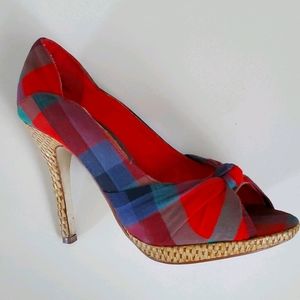 *LIKE New* Plaid + Ratan Peep Toe Heels